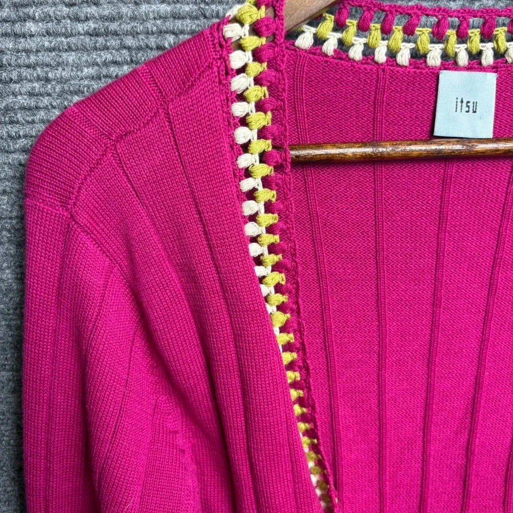 Itsu Pink Silk Blend Open Front Cardigan Crochet Trim Designer Sample Womens